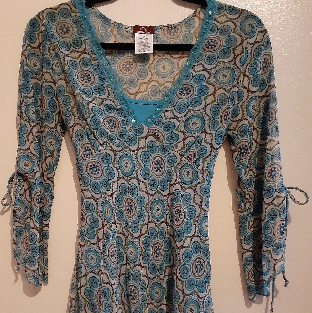Jordache Teal Floral Medallion V-Neck Blouse